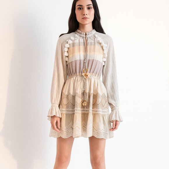 Hemant & Nandita Embroidered Mini Dress with Eyelet Detail and Tassels SZ L - Picture 2 of 5